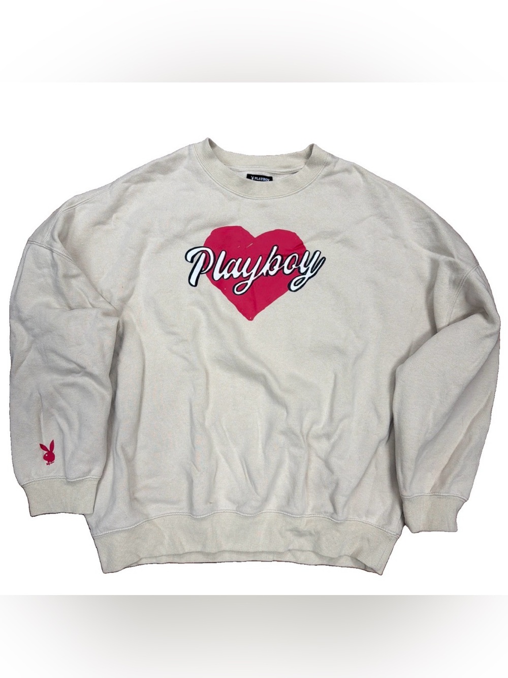 Playboy X Pacsun Crewneck Sweater Women's Big Heart Graphic Pullover Beige Small